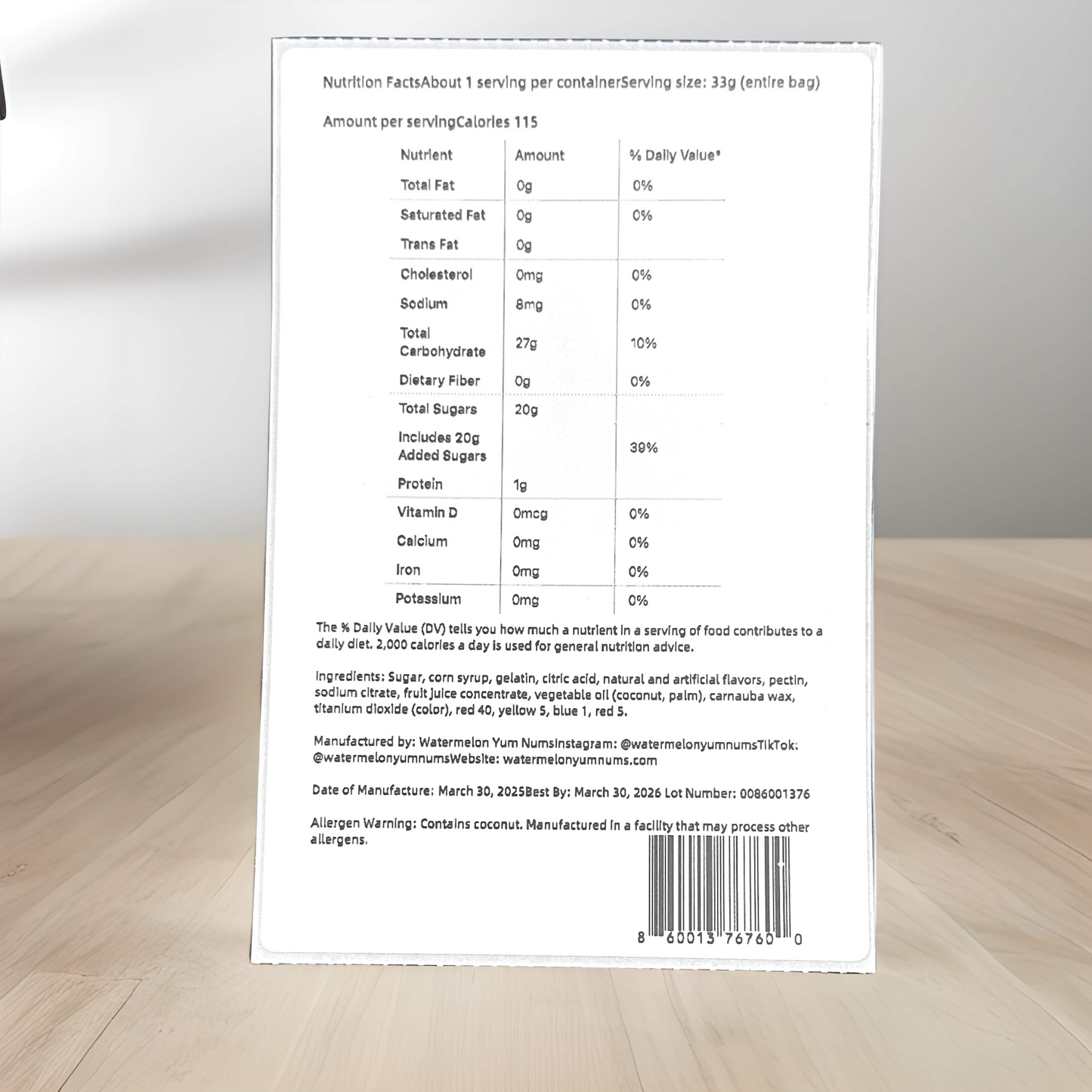 "Nutritional information label for Watermelon YumNums Freeze-Dried Candy, detailing calories, sugar, and serving size for this guilt-free watermelon snack."
