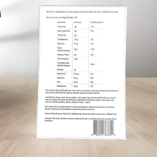 "Nutritional information label for Watermelon YumNums Freeze-Dried Candy, detailing calories, sugar, and serving size for this guilt-free watermelon snack."