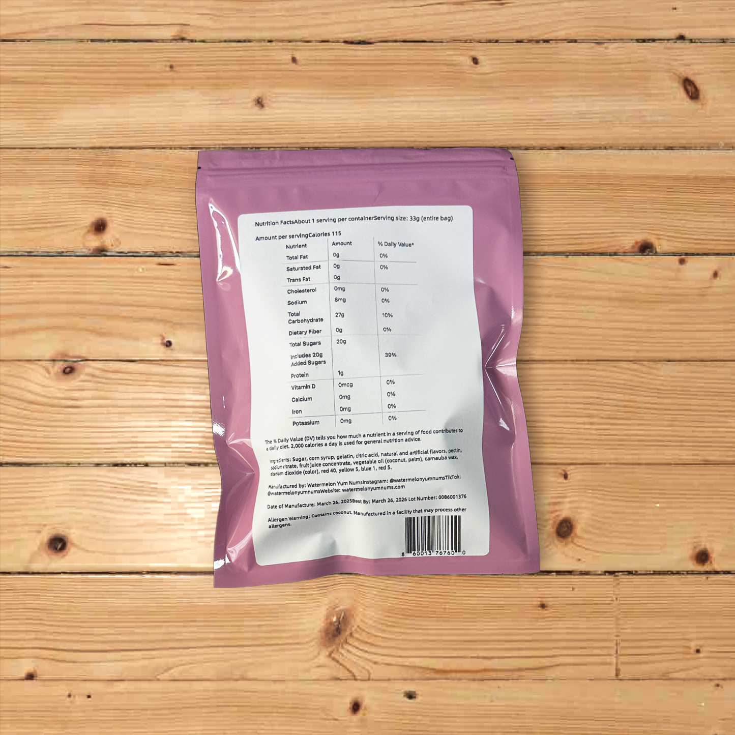 "Nutritional information label for Watermelon YumNums Freeze-Dried Candy, detailing calories, sugar, and serving size for this guilt-free watermelon snack."
