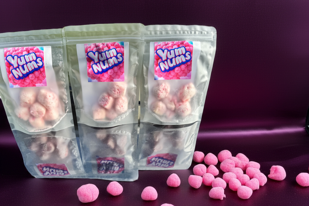 Three pouches of freeze-dried Watermelon YumNums