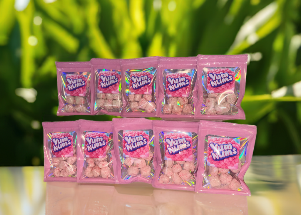 "Ten bags of Watermelon YumNums Freeze-Dried Candy, featuring a stack of crunchy, juicy watermelon-flavored snacks, ideal for bulk snacking or sharing."