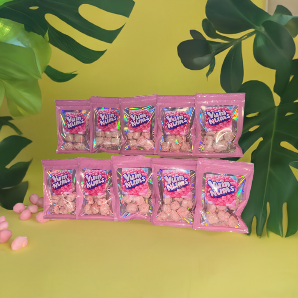 Ten bags of Watermelon YumNums Freeze-Dried Candy, featuring a stack of crunchy, juicy watermelon-flavored snacks, ideal for bulk snacking or sharing.